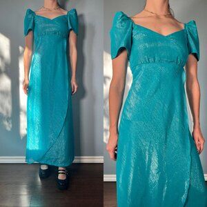 Vintage 70s Blue Dress, 1970s Sparkly Princess Regency Empire Waist Formal Gown